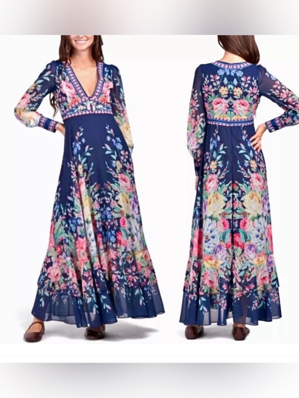 DALIA MacPhee Long Sleeve Floral Border Print V-Neck Maxi Dress Size: Small